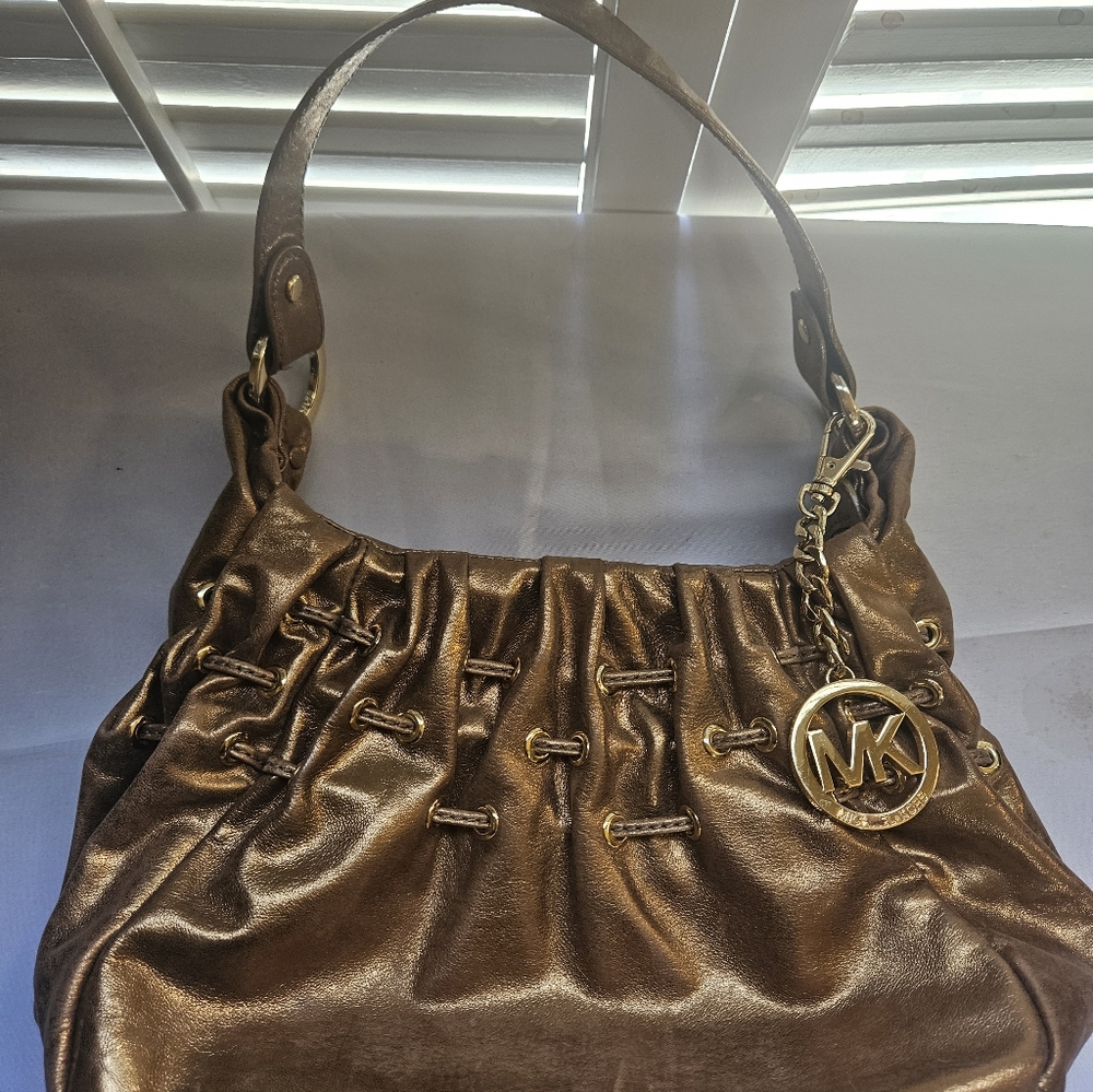 Michael Kors Bronze Metallic Shoulder Bag with MK Pendant